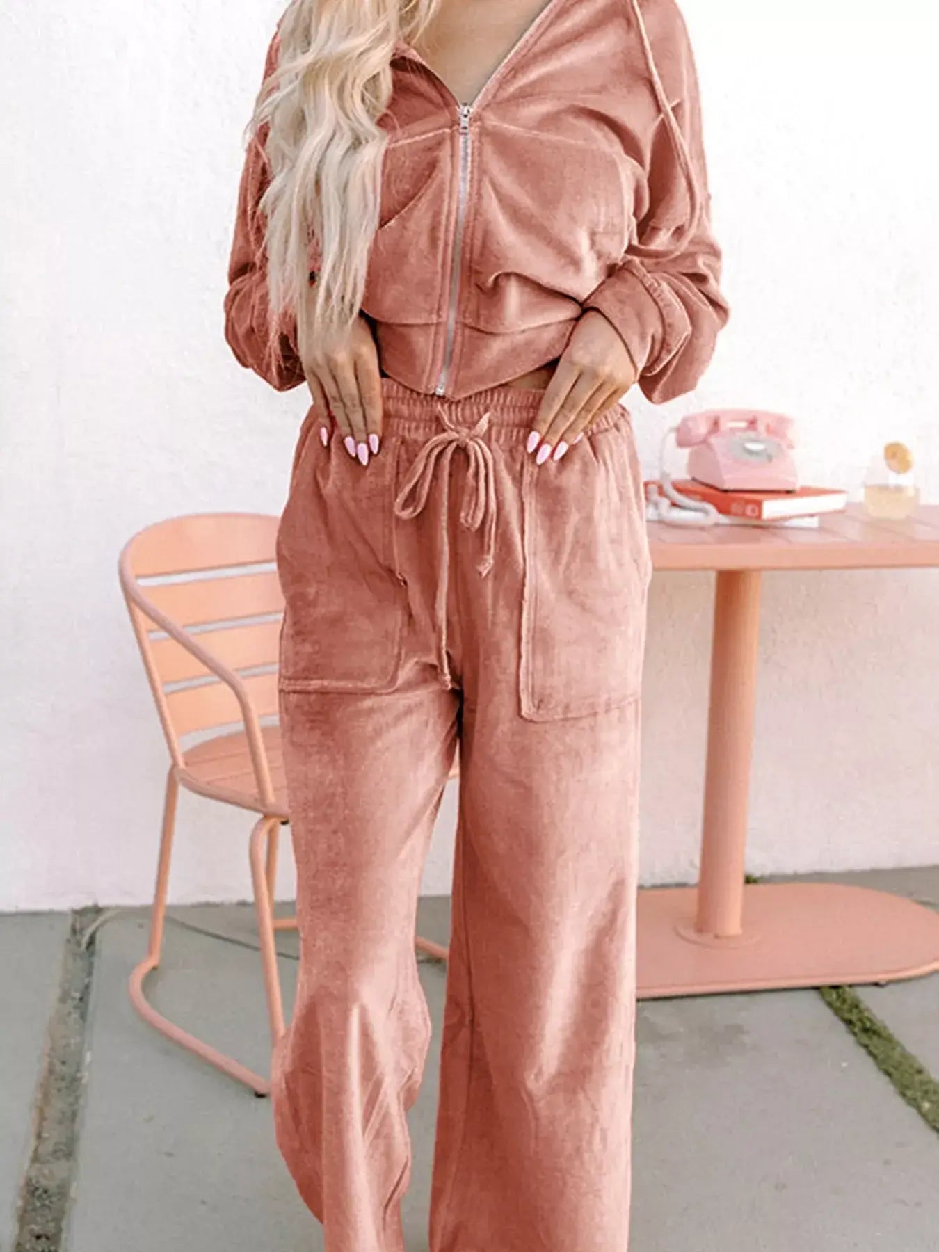 Zip Up Dropped Shoulder Hooded Top and Pants Set - Top and Pants Set